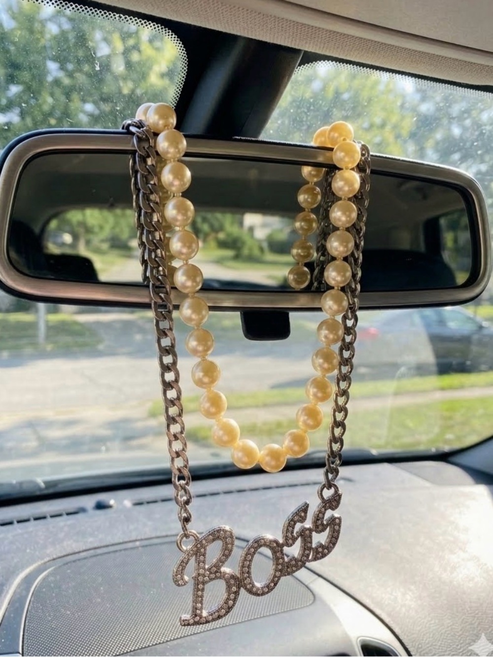 Pearl Bead Necklace with 'Boss' Pave Pendant - Cream and Silver